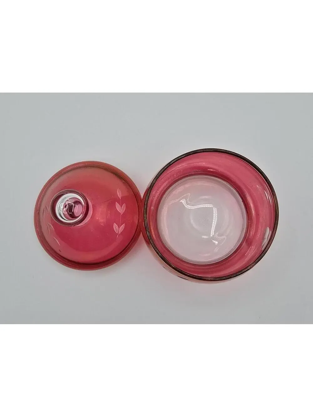 Vintage Cranberry Pink Art Glass Covered Trinket Jar Etched Floral Candy Dish